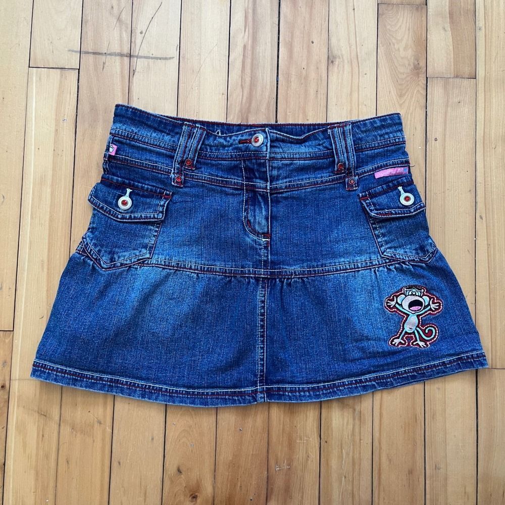 Original Bobby Jack Denim Skirt with Monkey Patch Red Stitching Size L y2k skort
